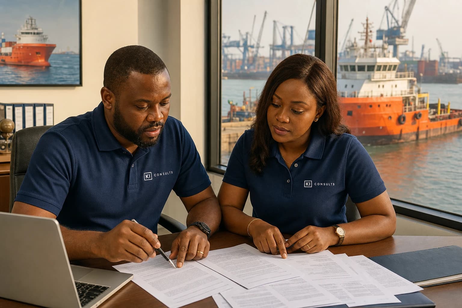 A brokerage team reviewing charter documents overlooking the port