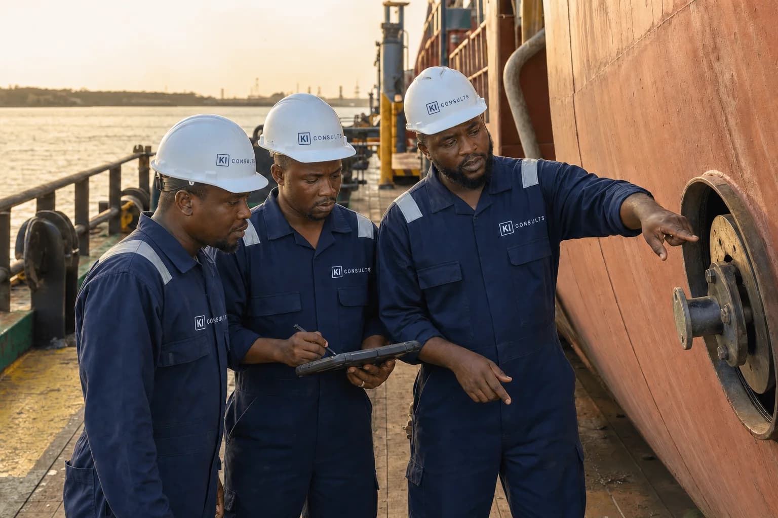 Marine surveyors carrying out a hull check on deck